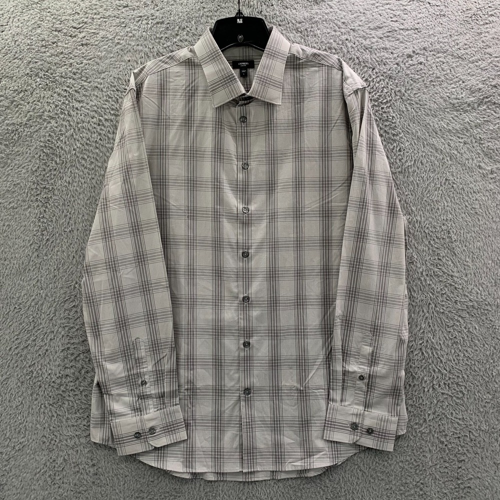 EXPRESS 1MX Shirt Mens Size Large Button Up Plaid Slim Gray $60